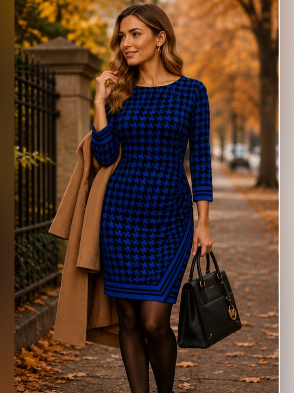 Michael Kors Blue & Black Houndstooth Sheath Dress 3/4 Sleeve Career Office